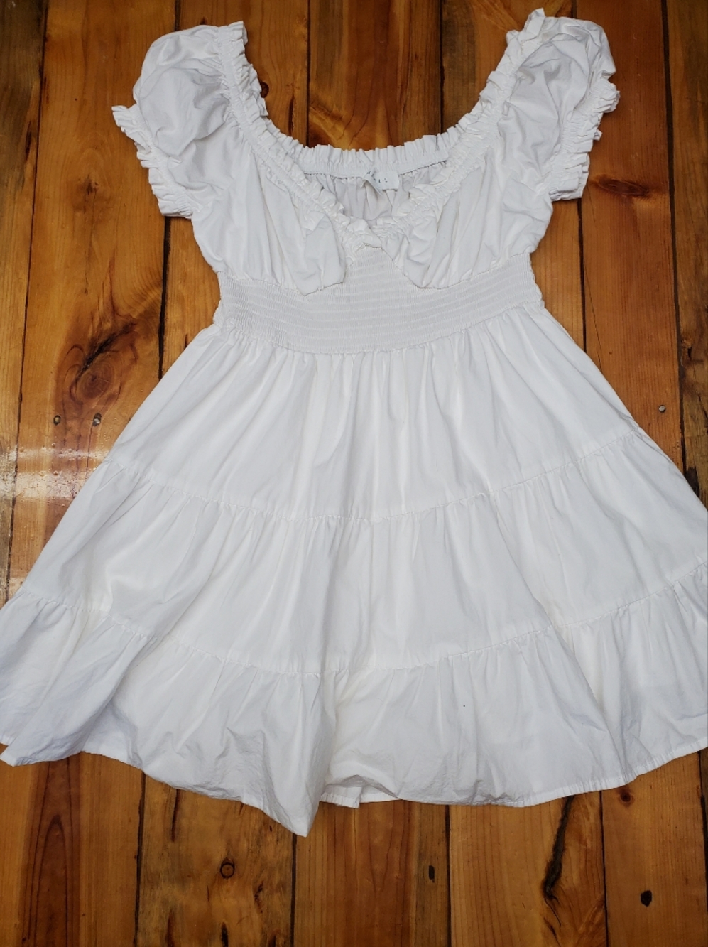 MABLE White Puff Sleeve Smocked Mini Dress Size L | Cottagecore Coquette